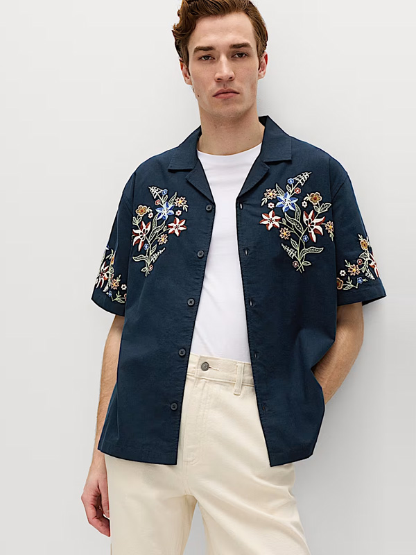 Relaxed Fit Cotton Rich Embroidered Short Sleeve Shirt