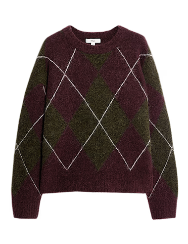 Wool Blend Argyle Crew Neck Relaxed Jumper
