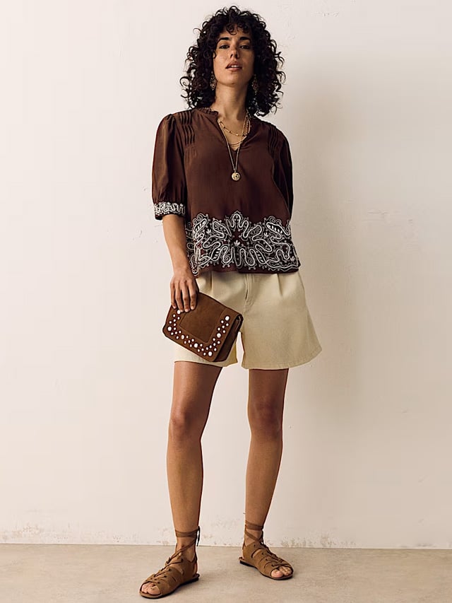 Lyocell Rich Embroidered Notch Neck Blouse