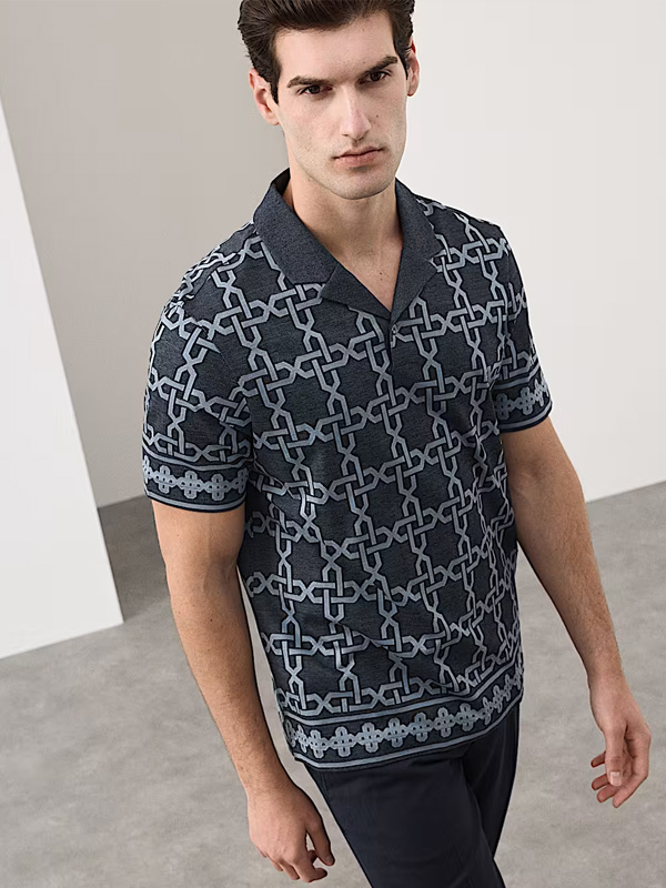 Pure Cotton AOP Geo Revere Jacquard Polo